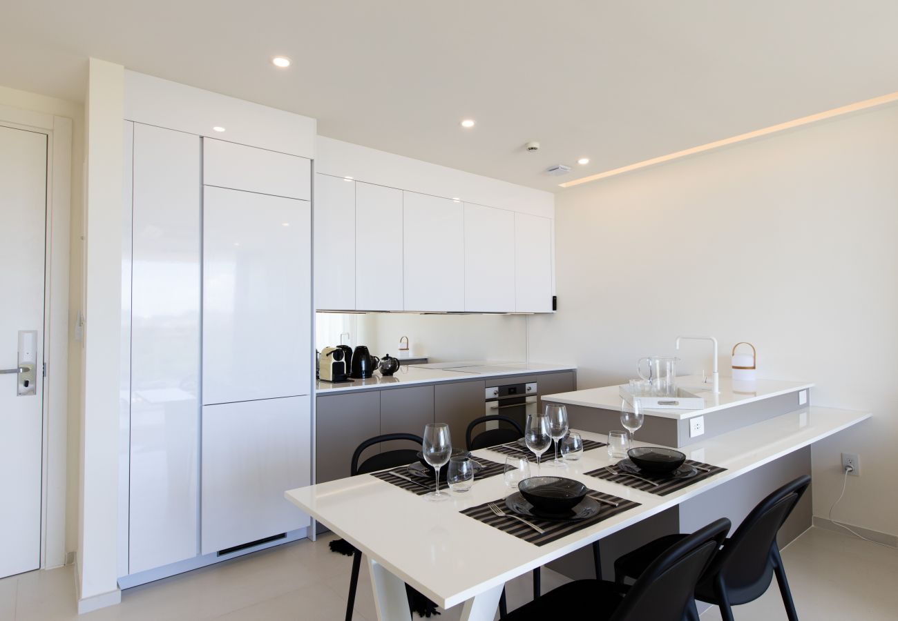 A view of the kitchen from the living room