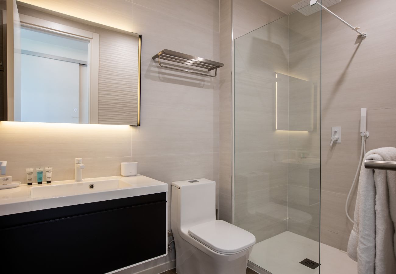 Modern and luxurious bathroom with rainfall shower